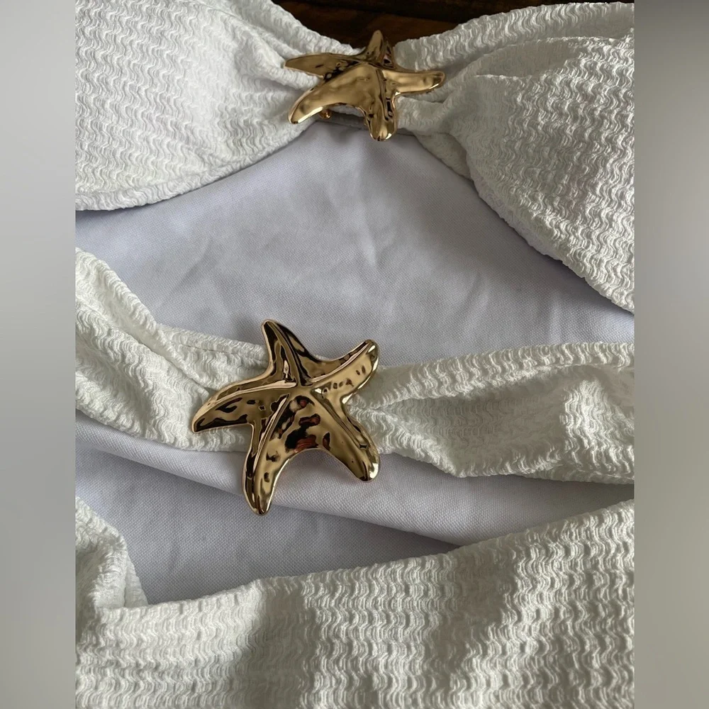 SHEIN White Strapless Cutout One-Piece Swimsuit with Gold Starfish Accents